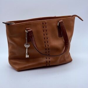 Fossil‎ Brown Pebbled Leather Whipstitch Tote Bag Satchel with Key Charm